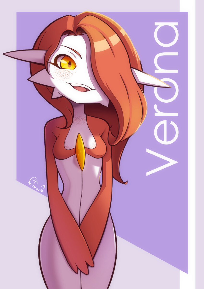 1girl, :3, alternate_color, alternate_hair_length, alternate_hairstyle, alternate_shiny_pokemon, asymmetrical_bangs, body_freckles, breasts, character_name, colored_skin, cowboy_shot, english_text, female_focus, freckles, gardevoir, gen_3_pokemon, hair_over_one_eye, happy, head_tilt, highres, long_hair, looking_to_the_side, multicolored_skin, nintendo, one_eye_covered, open_mouth, own_hands_together, pokemon, pokemon_(creature), purple_background, red_hair, red_skin, signature, simple_background, small_breasts, smile, solo, standing, straight-on, teeth, text_background, two-tone_skin, v_arms, white_skin, winkyfaces, yellow_eyes