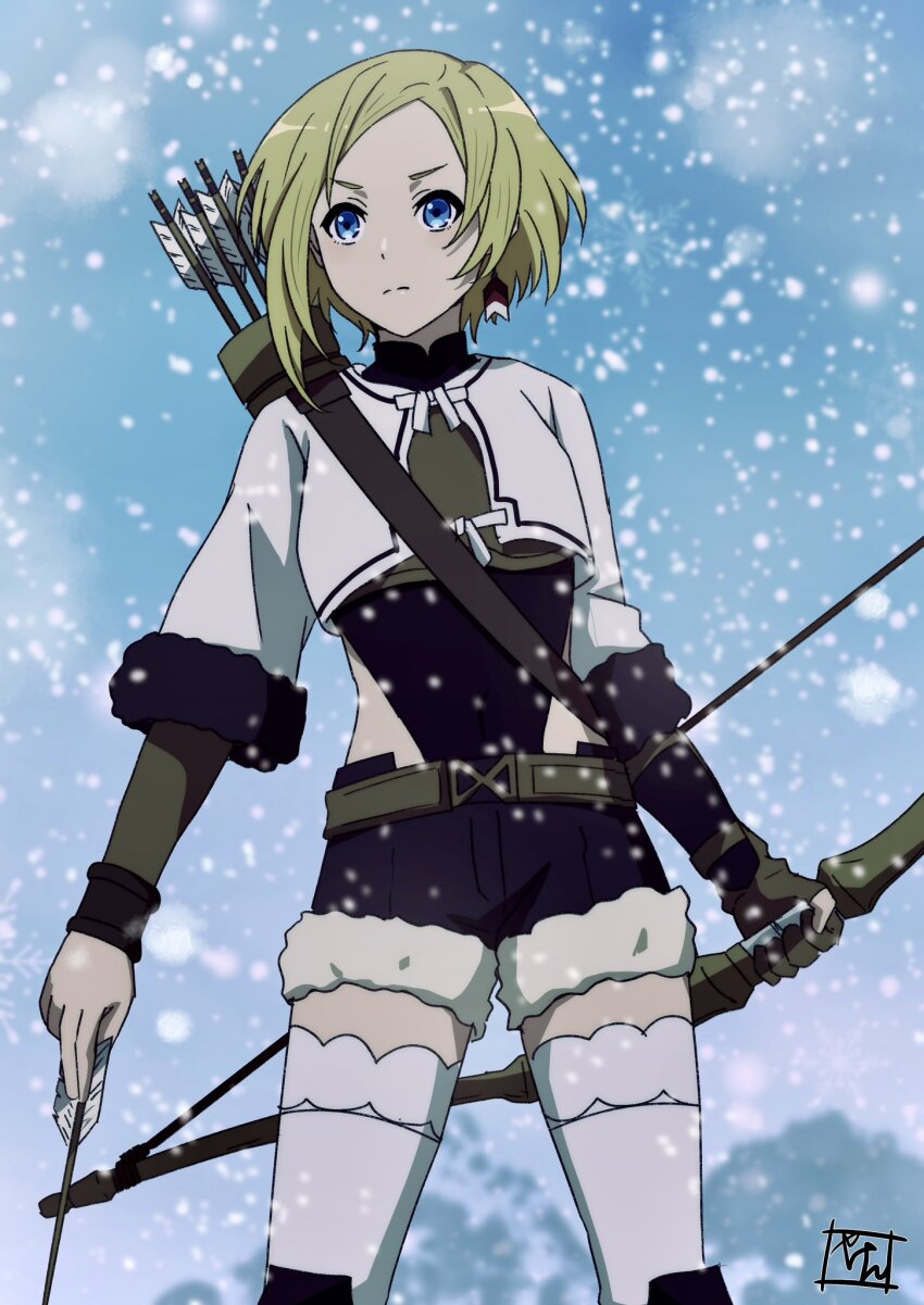1girl, arrow_(projectile), belt, blonde_hair, blue_eyes, boots, bow_(weapon), crop_top