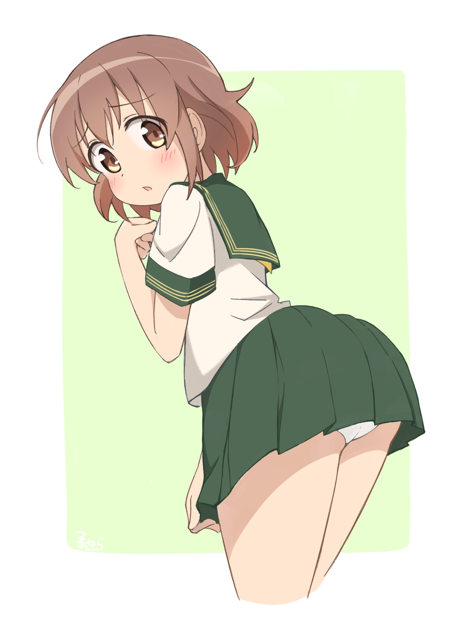 1girl, :o, blush, border, brown_eyes, brown_hair, commentary_request, cowboy_shot