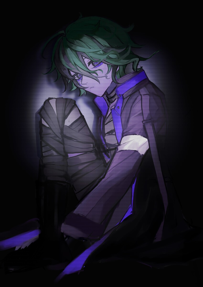 1boy, absurdres, bandaged_chest, bandaged_leg, bandages, black_background, black_hair, closed_mouth