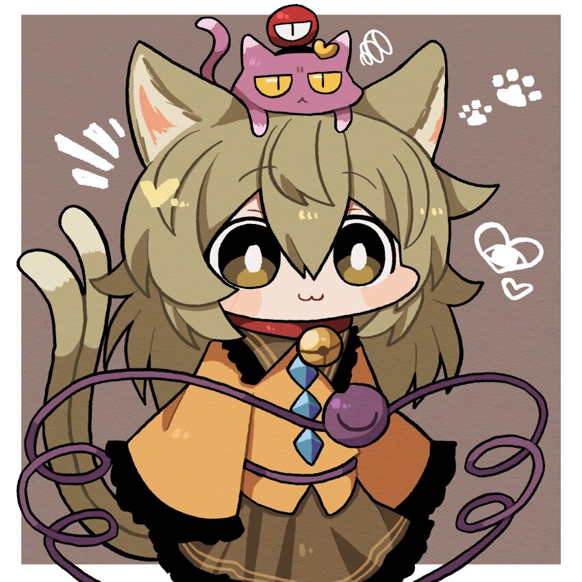 1girl, :3, animal, animal_ears, animal_hands, animal_on_head, annoyed, bell