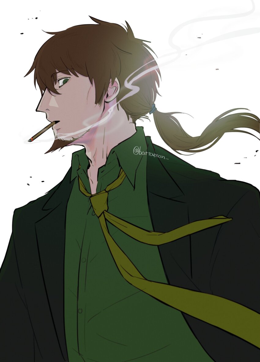 1boy, alternate_costume, battamon, brown_eyes, brown_hair, collared_shirt, facial_hair, fate/grand_order