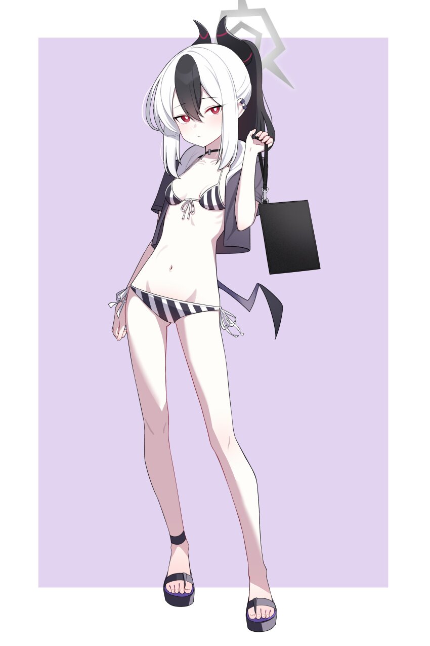 1girl, absurdres, alternate_costume, bikini, black_bikini, black_choker, black_hair, black_jacket, black_sandals, blue_archive, breasts, bright_pupils, choker, cleavage, closed_mouth, collarbone, contrapposto, cropped_jacket, demon_horns, demon_wings, earrings, feet, front-tie_bikini_top, front-tie_top, full_body, halo, highres, horns, jacket, jewelry, kayoko_(blue_archive), legs, long_legs, looking_at_viewer, mole, mole_on_collarbone, momip, multicolored_bikini, multicolored_hair, navel, open_clothes, open_jacket, pale_skin, red_eyes, ribs, sandals, side-tie_bikini_bottom, single_wing, small_breasts, solo, standing, stomach, streaked_hair, stud_earrings, swimsuit, toenails, toes, two-tone_bikini, two-tone_hair, white_bikini, white_hair, white_pupils, wings