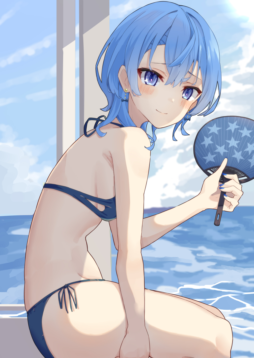 1girl, absurdres, beach, bikini, blue_eyes, blue_hair, blue_nails, earrings