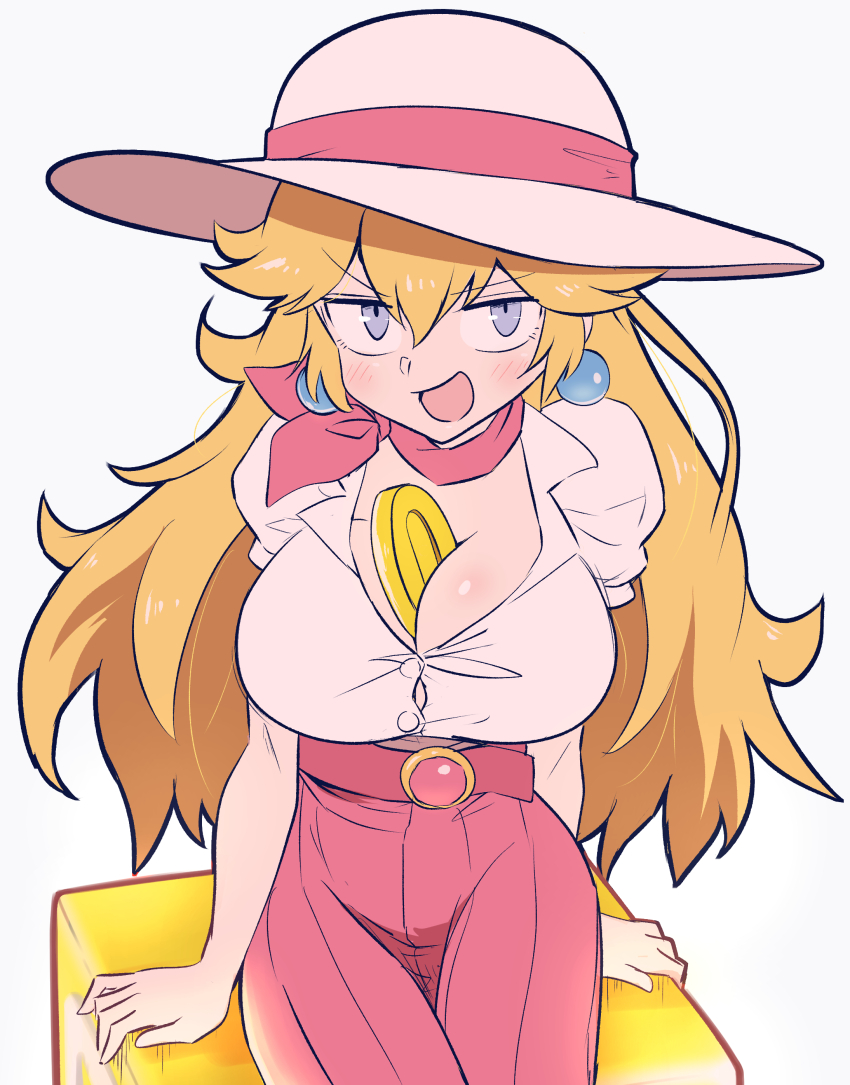1girl, ?_block, absurdres, alternate_breast_size_(larger), arms_at_sides, belt, between_breasts, blonde_hair, blue_eyes, blush, breasts, buttons, cleavage, coin, collared_shirt, cowboy_shot, earrings, female_focus, gem, grey_background, hair_flaps, happy, hat, hat_ribbon, high-waist_skirt, highres, jewelry, kurachi_mizuki, large_breasts, long_hair, looking_at_viewer, mario_(series), naughty_face, neckerchief, nintendo, open_mouth, pink_gem, pink_neckerchief, pink_ribbon, pink_skirt, princess_peach, princess_peach_(vacation), puffy_short_sleeves, puffy_sleeves, ribbon, sexually_suggestive, shirt, shirt_tucked_in, short_sleeves, sidelocks, simple_background, sitting, skirt, smile, solo, sphere_earrings, sun_hat, super_mario_odyssey, v-shaped_eyebrows, white_hat, white_shirt