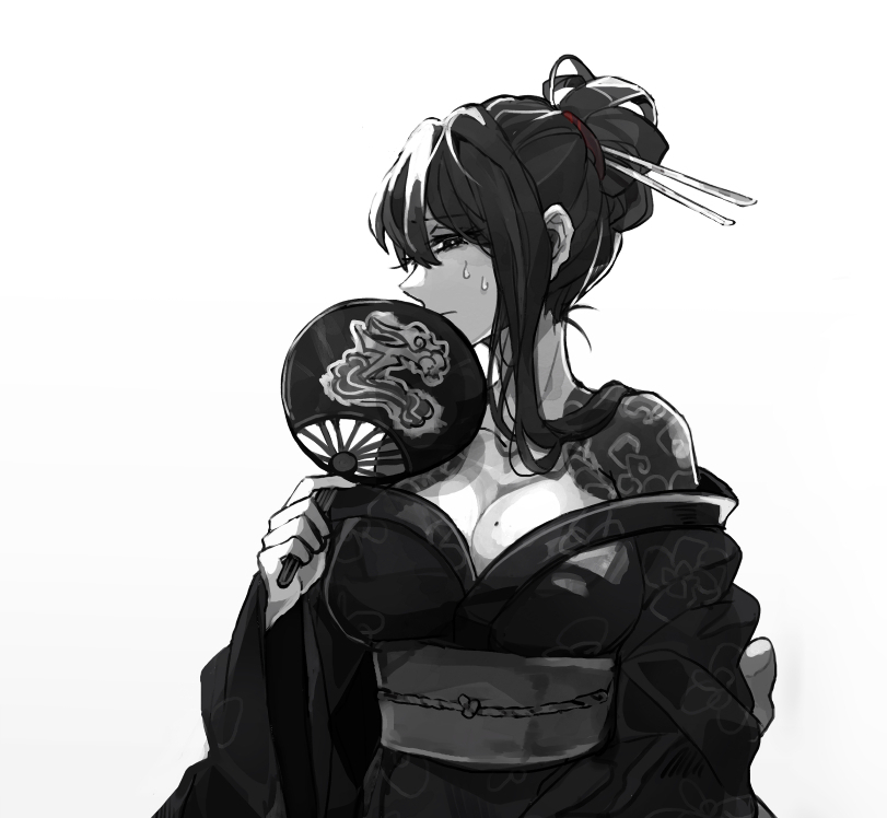 black_eyes, black_hair, breasts, hair_bun, hair_ornament, hair_stick, hand_fan, holding, holding_fan, japanese_clothes, kimono, large_breasts, library_of_ruina, looking_at_viewer, mole, mole_on_breast, obi, paper_fan, project_moon, sash, sayo_(library_of_ruina), shoulder_tattoo, sidelocks, simple_background, sweat, tattoo, uchiwa, upper_body, white_background, yono_neie