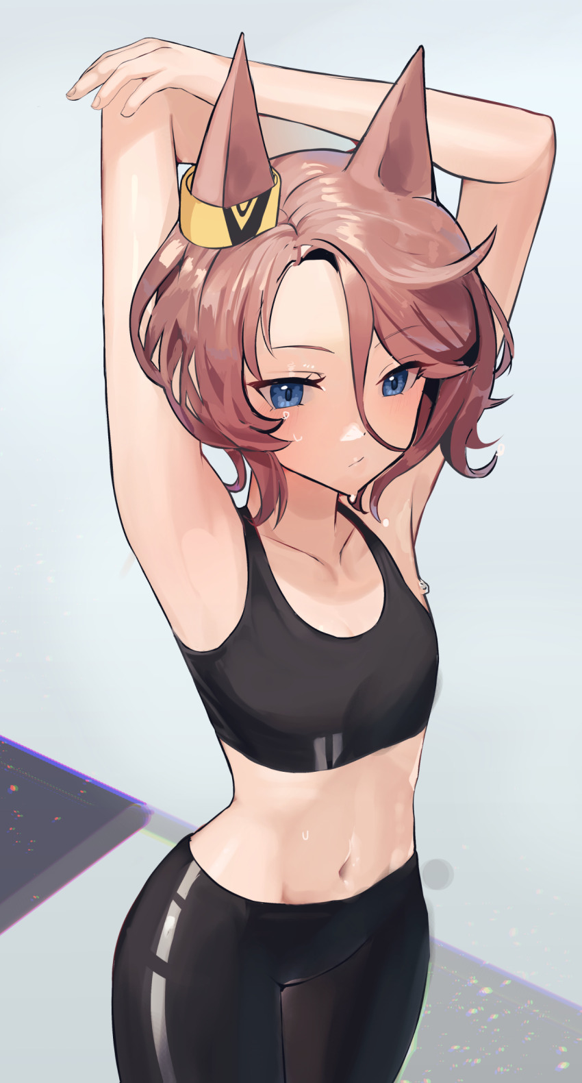 1girl, alternate_costume, animal_ears, armpits, arms_up, blue_eyes, blush, breasts