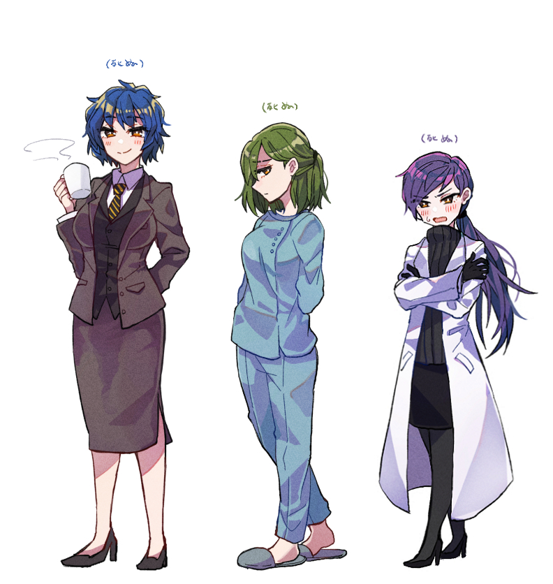 3girls, black_gloves, black_pantyhose, black_skirt, black_sweater, black_vest, blue_pants, blue_shirt, blush, brown_eyes, coat, cup, daniel_(project_moon), full_body, gabriel_(project_moon), genderswap, genderswap_(mtf), giovanni_(project_moon), gloves, green_hair, grey_jacket, grey_skirt, high_heels, holding, holding_cup, hospital_gown, jacket, lab_coat, lobotomy_corporation, long_hair, long_sleeves, looking_at_viewer, medium_hair, mug, multiple_girls, open_mouth, pants, pantyhose, project_moon, purple_hair, shirt, simple_background, skirt, slippers, smile, standing, sweat, sweater, turtleneck, turtleneck_sweater, v-shaped_eyebrows, very_long_hair, vest, white_background, white_coat, yellow_eyes, yono_neie
