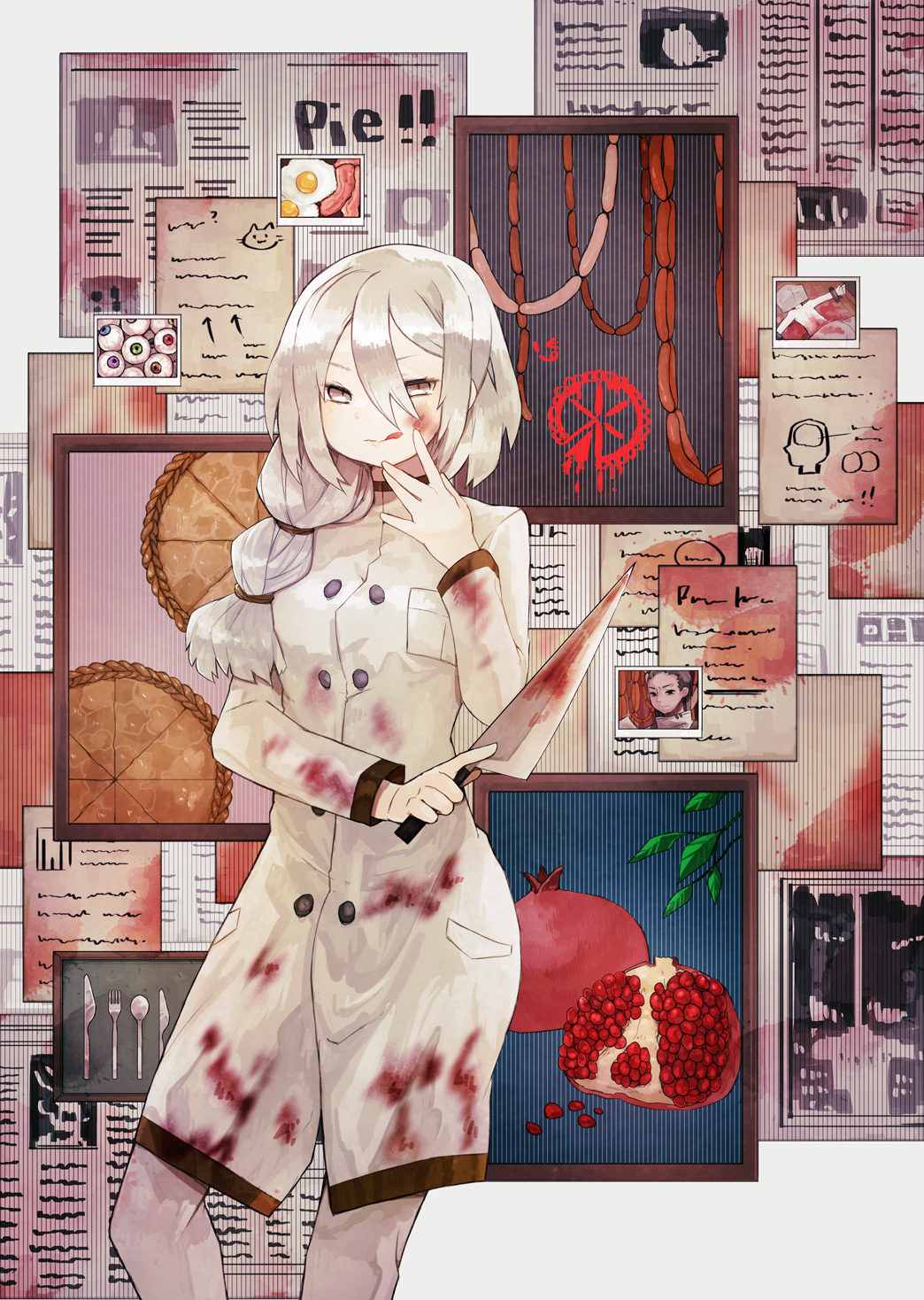 1boy, 1girl, bacon, blood, blood_on_clothes, blood_on_face, bloody_knife, braid