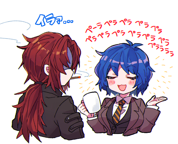 1boy, 1girl, black_jacket, blue_hair, brown_coat, brown_jacket, cigarette, coat