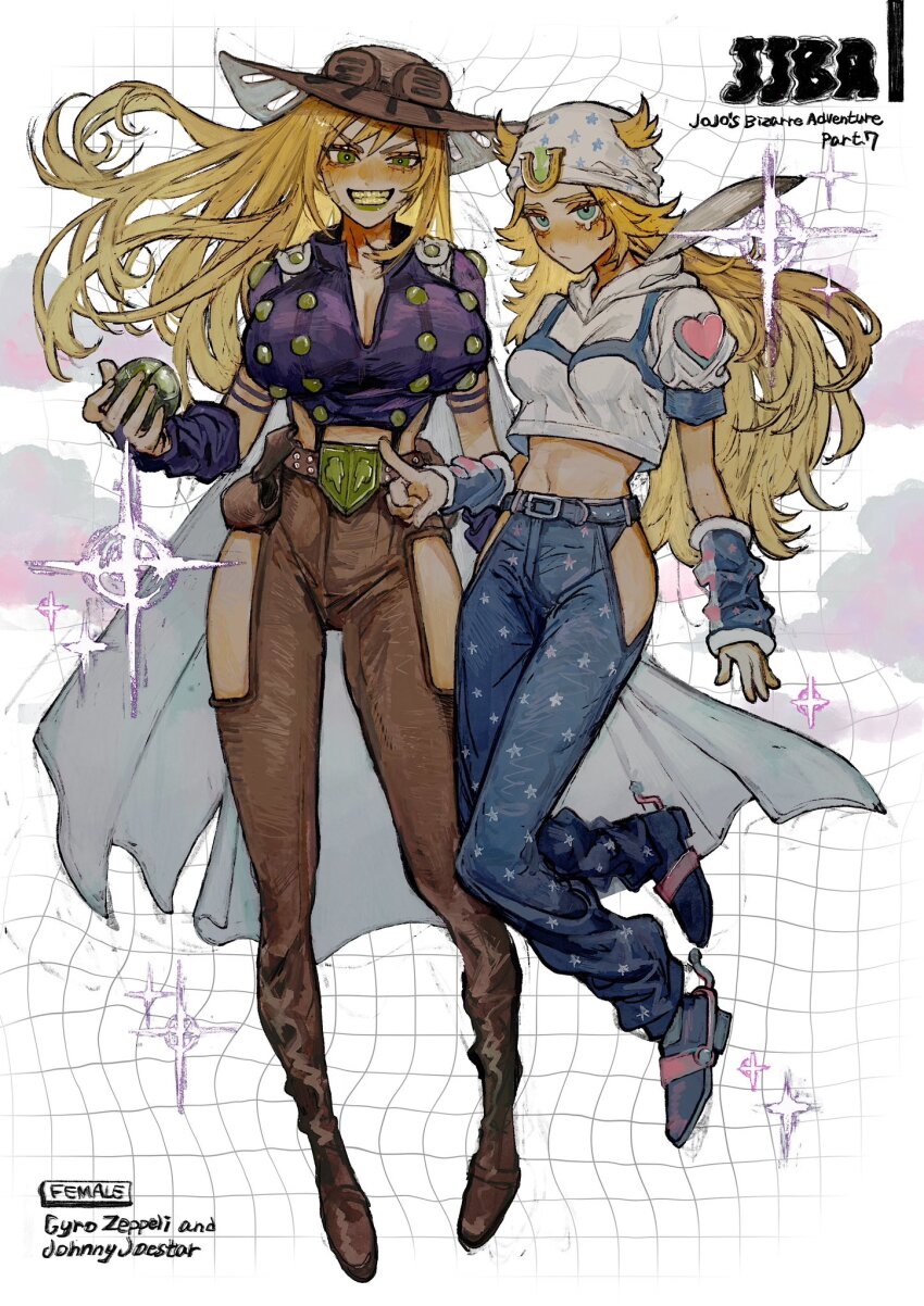 2girls, belt, belt_buckle, blonde_hair, blue_eyes, boots, breasts, buckle, copyright_name, full_body, genderswap, genderswap_(mtf), goggles, goggles_on_headwear, green_eyes, green_lips, grid_background, gyro_zeppeli, highres, horseshoe_ornament, huge_breasts, johnny_joestar, jojo_no_kimyou_na_bouken, long_hair, looking_at_viewer, medium_breasts, midriff, multiple_girls, neg_50asu, steel_ball_(jojo), steel_ball_run, teardrop