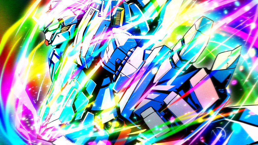 absurdres, from_side, glowing, green_eyes, gundam, gundam_calibarn, gundam_suisei_no_majo, highres, kal_(kaerutoyomu), light_particles, mecha, mobile_suit, no_humans, open_hand, rainbow, rainbow_background, robot, science_fiction, solo, upper_body
