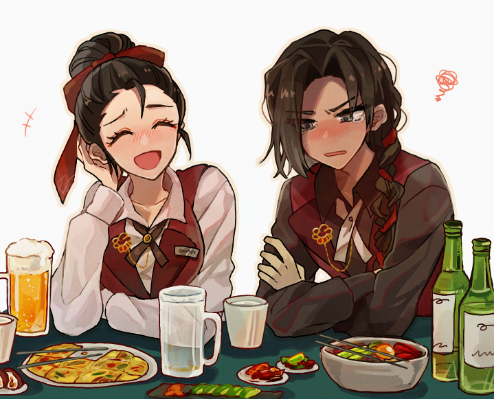 1boy, 1girl, aiguillette, alcohol, beer, beer_mug, blush, bow, bowl, braid, brooch, brown_eyes, chopsticks, cross_tie, crossed_arms, cup, effie_(project_moon), egg, hair_bow, hair_ribbon, jewelry, limbus_company, long_sleeves, mug, pajeon_(food), parted_bangs, parted_lips, project_moon, red_bow, red_vest, ribbon_braid, salad, saude_(project_moon), shirt, soju, table, upper_body, vest, white_shirt, years, yono_neie