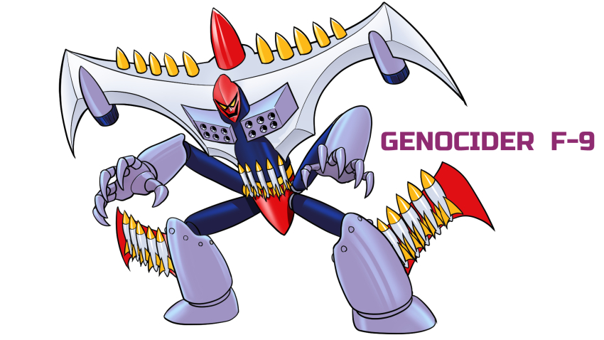 1970s_(style), aircraft, airplane, bomb, bomber, character_name, claws, commentary_request, concept_art, english_text, explosive, genocider_f9, highres, ink_(medium), marker_(medium), mazinger_(series), mazinger_z, mecha, military_vehicle, misogram, missile, missile_pod, monster, no_humans, no_pupils, official_style, oldschool, retro_artstyle, robot, scan, science_fiction, simple_background, super_robot, traditional_media, white_background, yellow_eyes