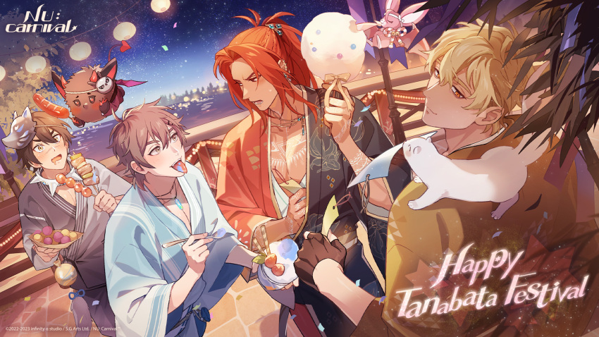 4boys, animal, animal_on_shoulder, arm_tattoo, artist_request, aster_(bat)_(nu_carnival), aster_(nu_carnival), black_gloves