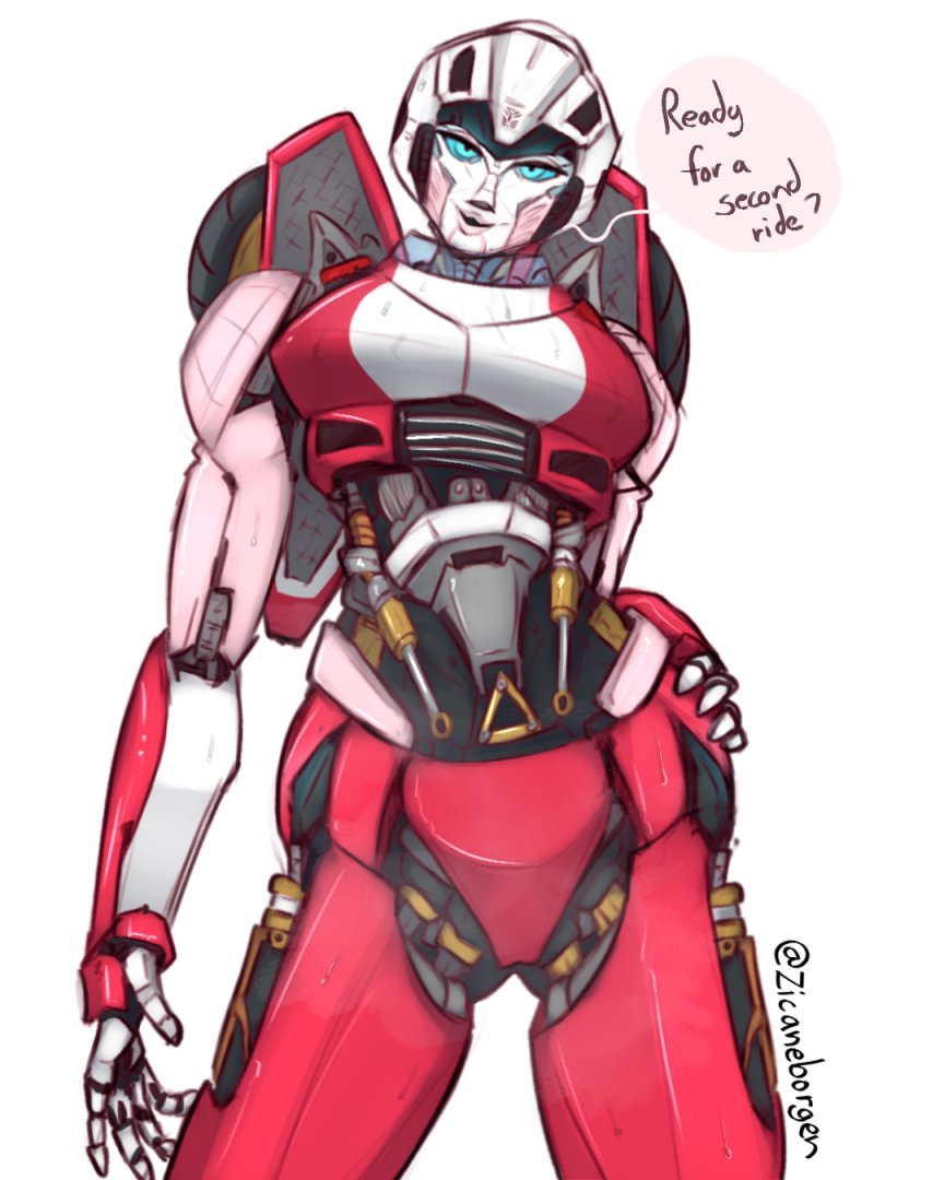 1girl, arcee, blue_eyes, breasts, english_text, hand_on_own_hip, humanoid_robot, looking_at_viewer, mecha, mecha_musume, medium_breasts, panties, red_panties, robot, science_fiction, simple_background, solo, speech_bubble, transformers, transformers:_rise_of_the_beasts, transformers_(live_action), underwear, white_background, zicaneborgen