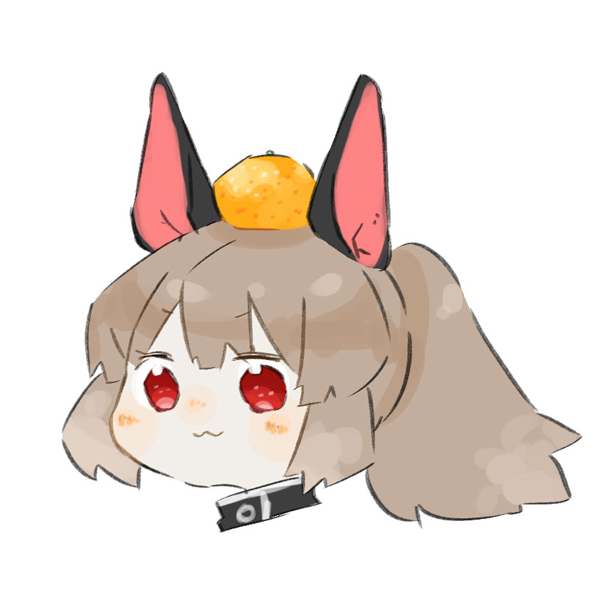1girl, :3, animal_ears, black_shirt, closed_mouth, commentary_request, dog_ears, food, food_on_head, fruit, fruit_on_head, harvest_fes, librarian_(project_moon), library_of_ruina, light_brown_hair, long_hair, no_nose, nugget_(project_moon), object_on_head, orange_(fruit), pale_skin, ponytail, project_moon, red_eyes, shirt, simple_background, solo, v-shaped_eyebrows, white_background