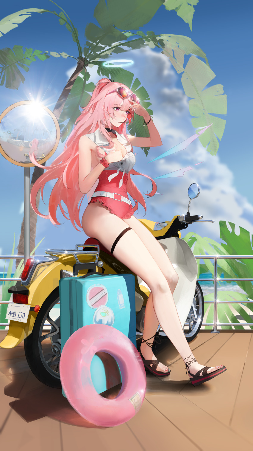 1girl, absurdres, ambriel_(arknights), ambriel_(holiday)_(arknights), arknights, belt, belt_buckle, black_sandals