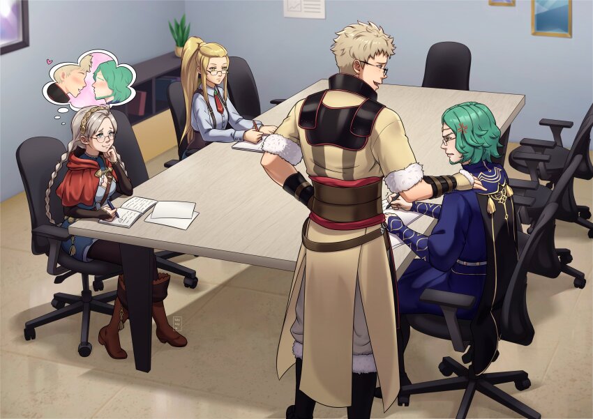 2boys, 2girls, absurdres, ahoge, anachronism, anger_vein, angry, beard, black_pants, blonde_hair, blue_eyes, boots, braid, chair, commission, facial_hair, fire_emblem, fire_emblem:_three_houses, fire_emblem_awakening, fire_emblem_engage, fire_emblem_fates, fire_emblem_heroes, fujoshi, glasses, green_hair, grey_hair, hairband, heart, high_ponytail, highres, jade_(fire_emblem), kayksyla, leather, leather_boots, long_hair, looking_at_another, low_twin_braids, multiple_boys, multiple_girls, nina_(fire_emblem), nintendo, office_chair, owain_(fire_emblem), pants, parted_bangs, ponytail, second-party_source, seteth_(fire_emblem), shipping_(fandom), swivel_chair, twin_braids, writing, yellow_eyes
