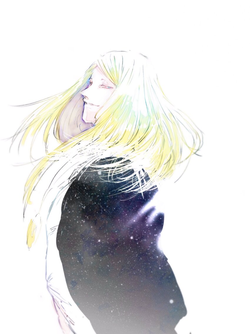 1boy, black_jacket, blonde_hair, blue_eyes, fate/grand_order, fate_(series), from_side, highres, jacket, jewelry, long_hair, looking_at_viewer, male_focus, medallion, necklace, no_eyewear, open_clothes, open_jacket, shirt, simple_background, smile, solo, tamano_fuukei, tezcatlipoca_(fate), tezcatlipoca_(first_ascension)_(fate), upper_body, white_background, white_shirt