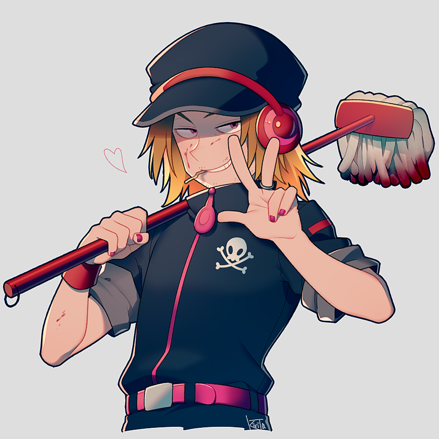 1boy, belt, bemani, black_pants, black_shirt, blood, blood_on_face, brown_hair, evil_grin, evil_smile, facial_hair, grin, holding, holding_mop, janitor, jewelry, kiri_futoshi, male_focus, mop, mr._kk, nail_polish, pants, pink_belt, pink_nails, pop'n_music, ring, shaded_face, shirt, short_hair, skull_and_crossbones, sleeves_rolled_up, smile, solo, stubble, toothpick, upper_body, v, white_background