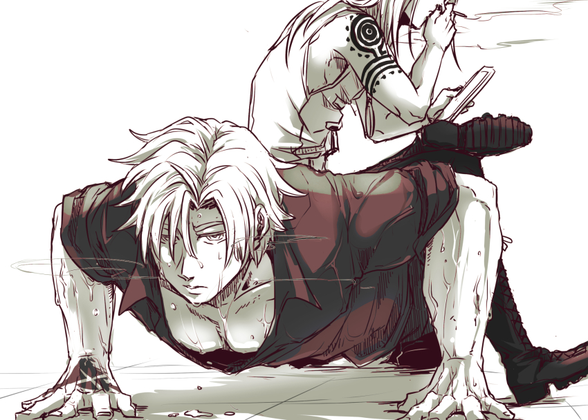 2boys, arm_tattoo, black_shirt, blonde_hair, cigarette, command_spell, daybit_sem_void, exercising