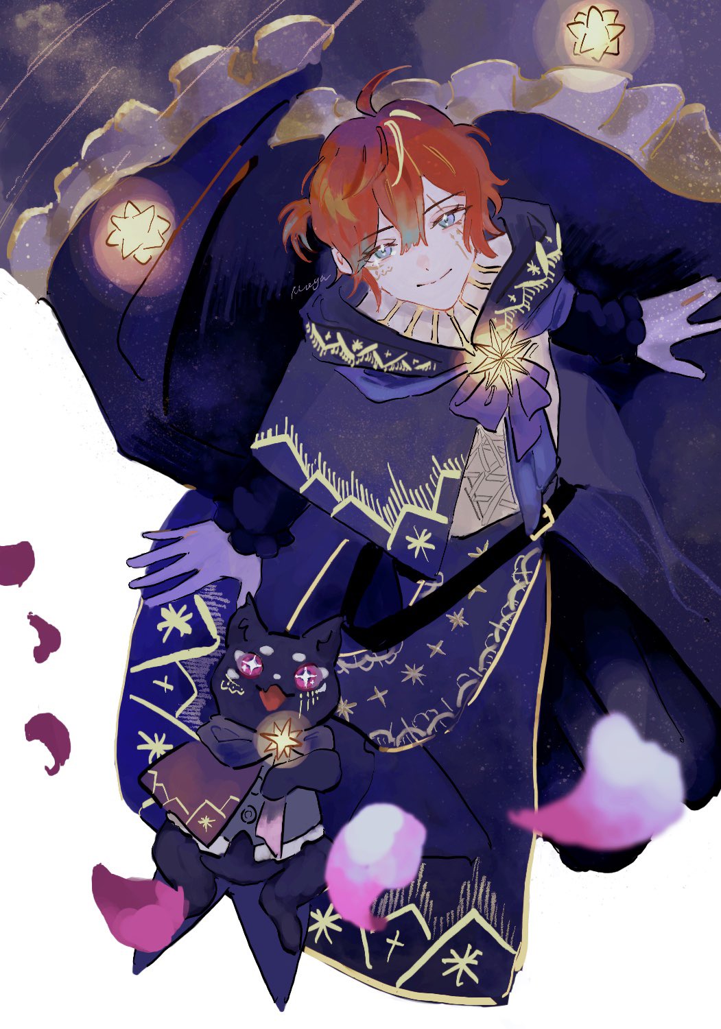 2boys, ahoge, akuma_shitsuji_to_kuroi_neko, black_cat, blonde_hair, cat, closed_mouth, grey_eyes, highres, male_focus, mole, mole_under_eye, moya_a_m, multiple_boys, muu_(akuma_shitsuji_to_kuroi_neko), official_alternate_costume, orange_hair, ponytail, short_hair, short_ponytail, smile, star_(symbol), teddy_brown, white_background