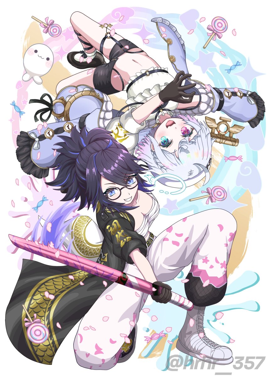 2girls, :d, absurdres, ahoge, amemiya_nazuna, amemiya_nazuna_(1st_costume), beret, black-framed_eyewear