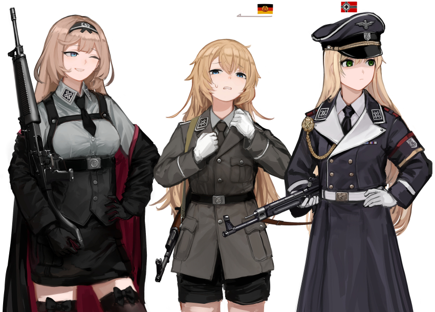 3girls, armband, assault_rifle, averting_eyes, black_armband, black_dress, black_footwear, black_headwear