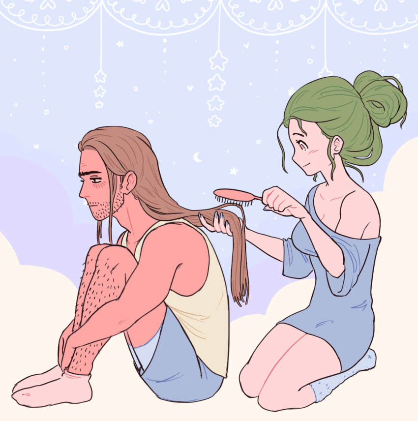 1boy, 1girl, animification, ballmastrz_9009, blue_nails, brown_hair, brushing_hair, commentary