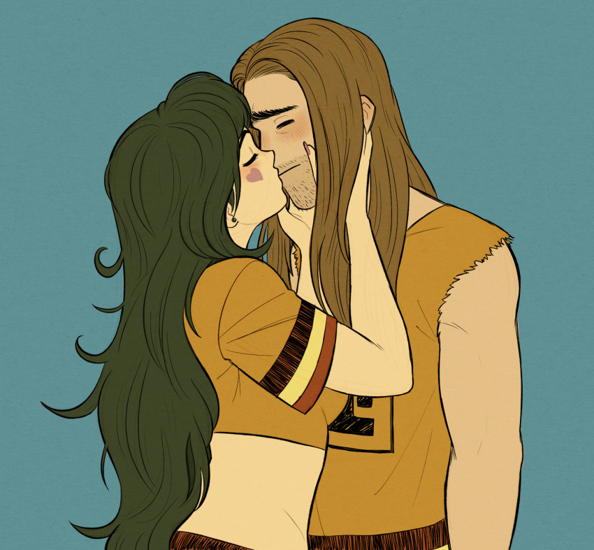 1boy, 1girl, animification, ballmastrz_9009, blue_background, brown_hair, closed_eyes, commentary, couple, duleena_duneeda, earrings, english_commentary, facial_hair, green_hair, hands_on_another's_face, heart, heart_tattoo, hetero, highres, imminent_kiss, jewelry, kiss, leto_otel, long_hair, midriff, nail_polish, pink_nails, scepterno, simple_background, single_earring, sleeveless, stubble, tattoo