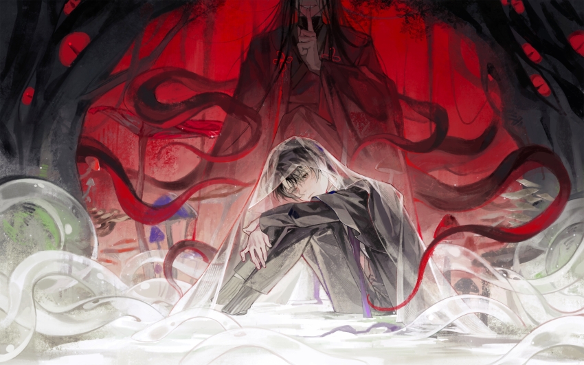 2boys, abstract_background, absurdres, black_eyes, black_footwear, black_hair, black_jacket, black_pants