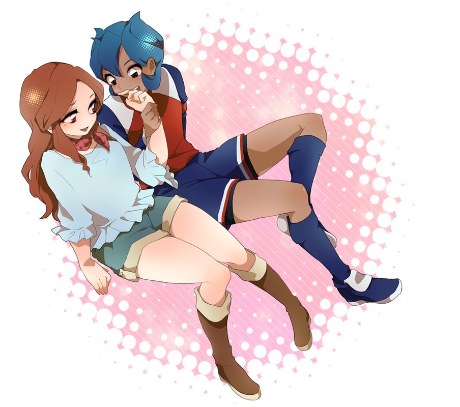 1boy, 1girl, bad_id, bad_pixiv_id, biting, blue_hair, blush, boots