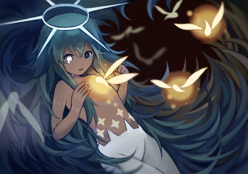 1other, :o, absurdly_long_hair, black_background, blue_eyes, blue_hair, blurry, blurry_background