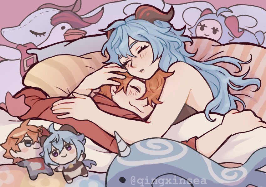 1boy, 1girl, blue_hair, blush, brown_shirt, character_doll, closed_eyes, closed_mouth