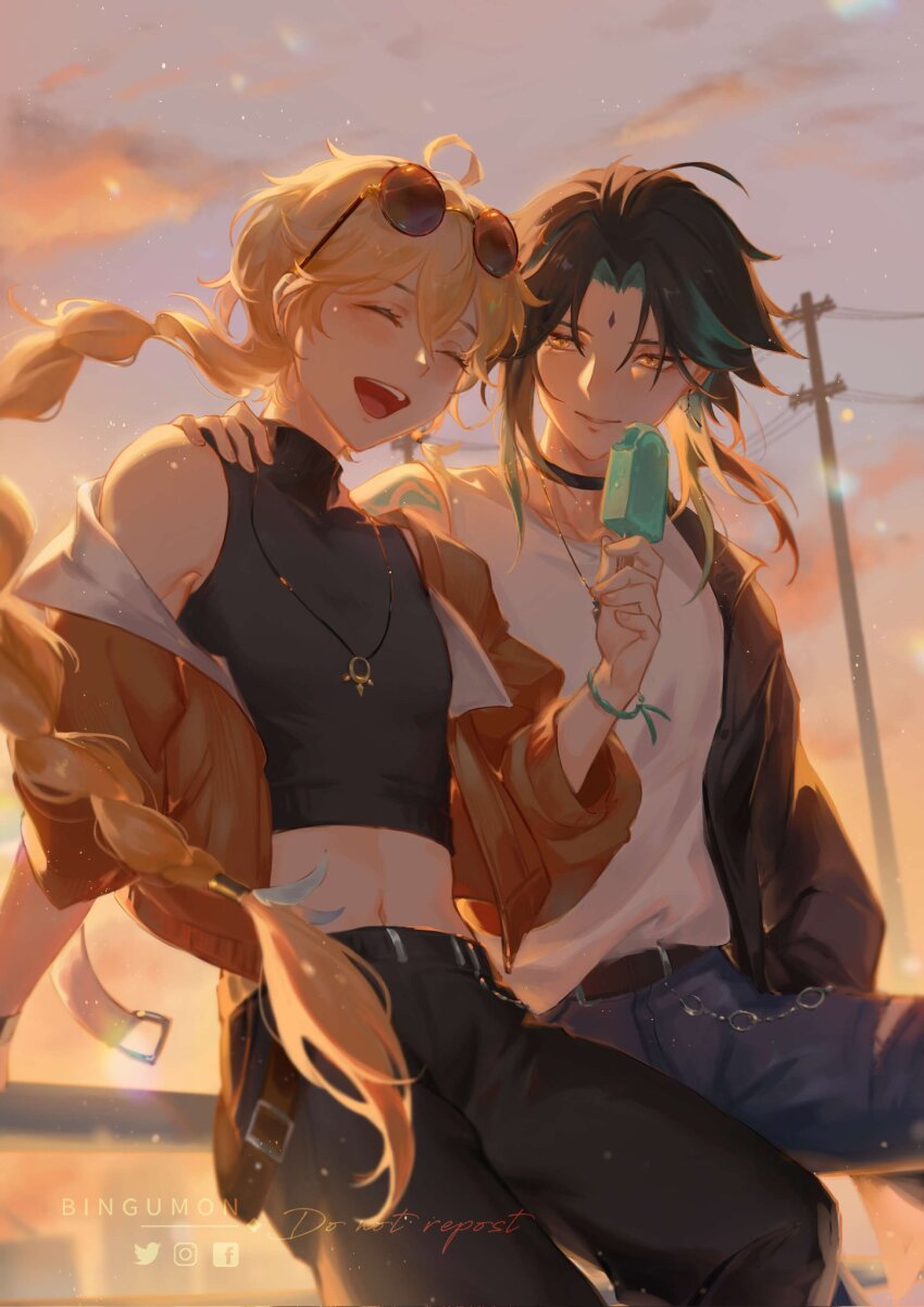 2boys, aether_(genshin_impact), alternate_costume, aqua_hair, belt, black_belt, black_choker, black_hair, black_jacket, black_pants, black_shirt, blonde_hair, brown_belt, brown_jacket, choker, closed_eyes, crop_top, denim, evee_(bingumon), eyewear_on_head, facial_mark, food, forehead_mark, genshin_impact, highres, hug, jacket, jacket_partially_removed, jeans, jewelry, long_hair, male_focus, medium_hair, multiple_boys, necklace, open_mouth, pants, parted_lips, popsicle, shirt, smile, sunglasses, sunset, teeth, white_shirt, xiao_(genshin_impact), yellow_eyes