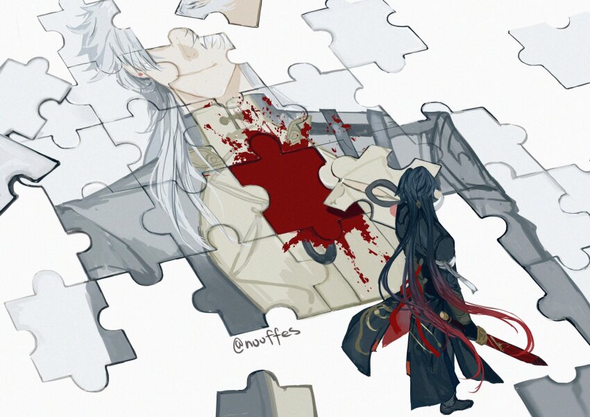 1boy, alternate_hair_color, black_gloves, blade_(honkai:_star_rail), blood, china_dress, chinese_clothes, closed_mouth