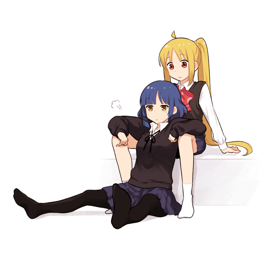 2girls, ahoge, between_legs, black_pantyhose, black_ribbon, black_sweater, black_sweater_vest, blonde_hair