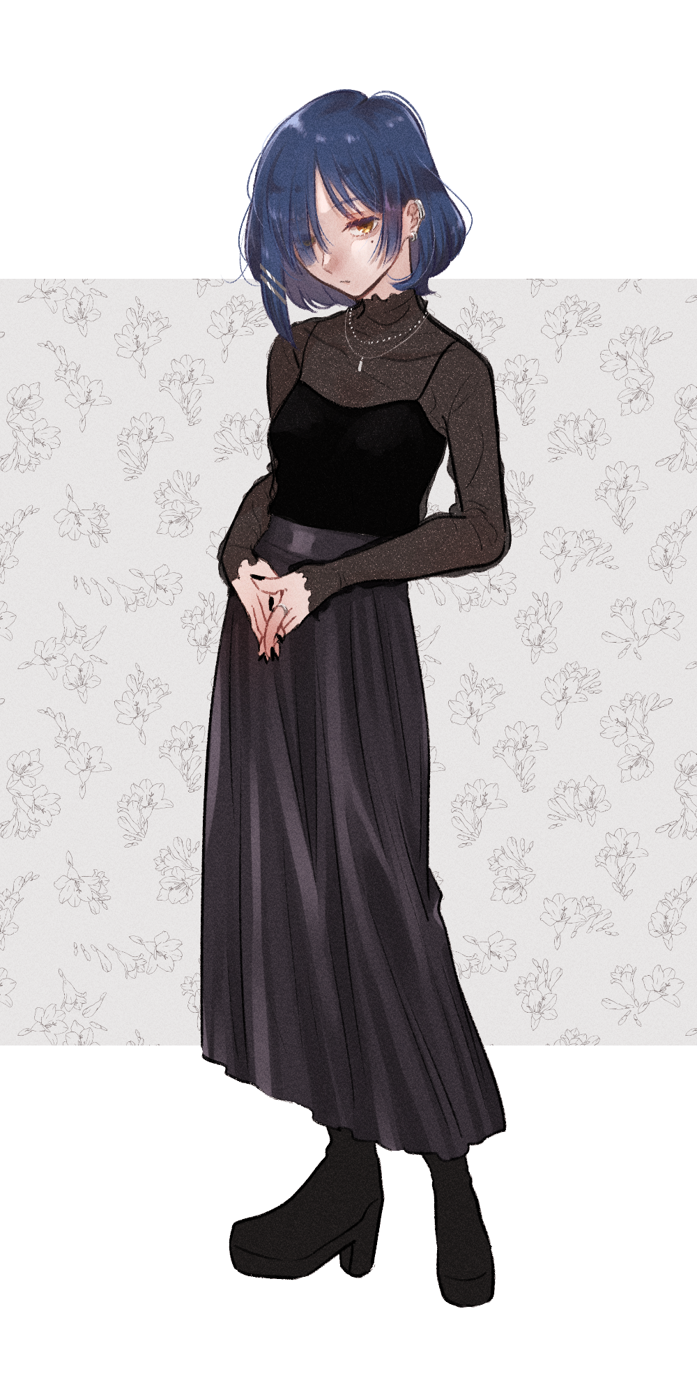 1girl, black_camisole, black_footwear, black_skirt, blue_hair, bocchi_the_rock!, camisole, commentary_request