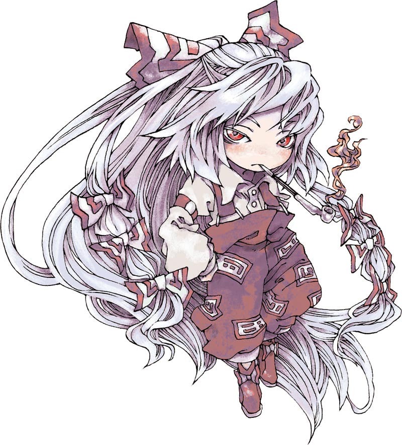 1girl, chibi, female_focus, fujiwara_no_mokou, kiseru, smoking_pipe, smoking, solo