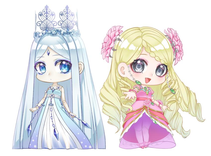 2girls, :d, absurdres, blonde_hair, blue_dress, blue_eyes, blue_hair, chibi