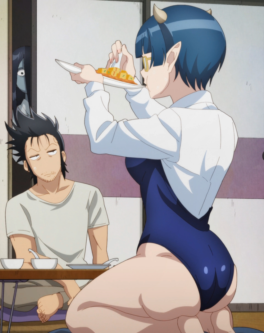 1boy, 2girls, absurdres, anime_screenshot, ass, black_hair, blue_hair, blue_one-piece_swimsuit