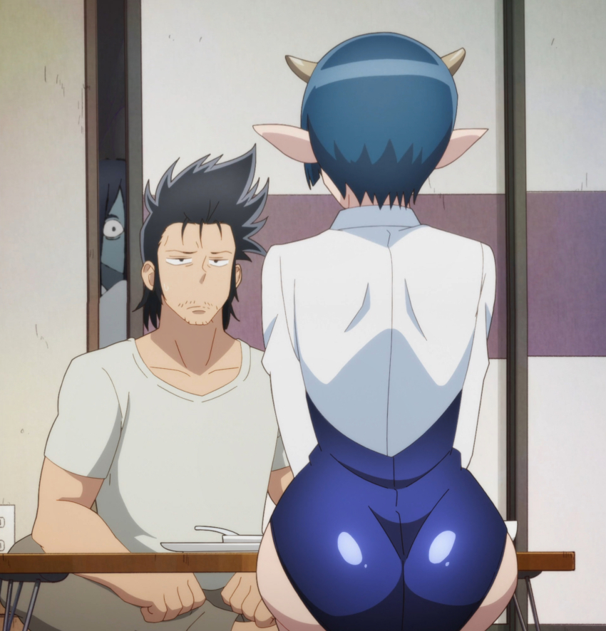 1boy, 2girls, absurdres, anime_screenshot, ass, black_hair, blue_hair, blue_one-piece_swimsuit
