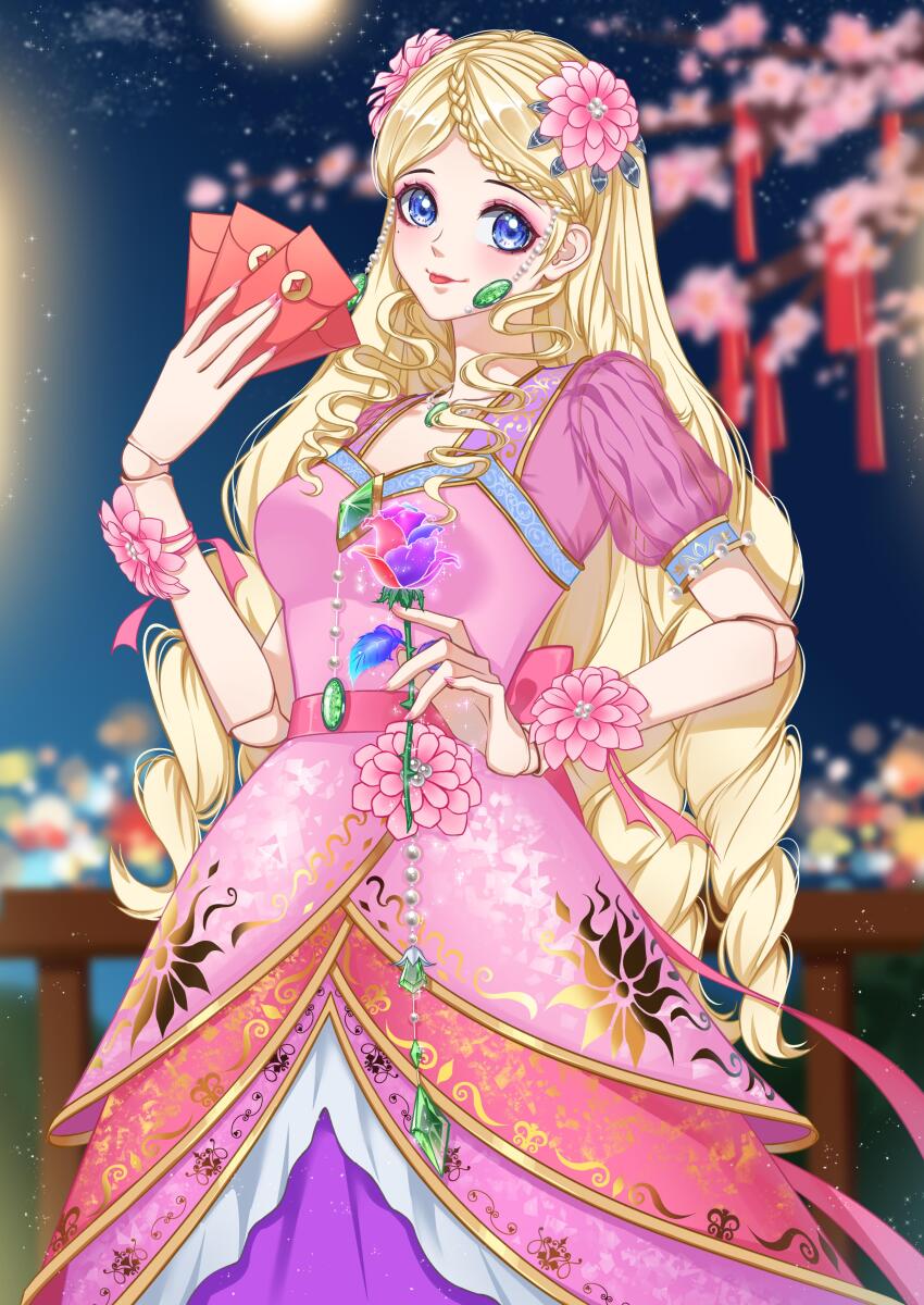 1girl, :p, absurdres, blonde_hair, blue_eyes, blurry, blurry_background, braid