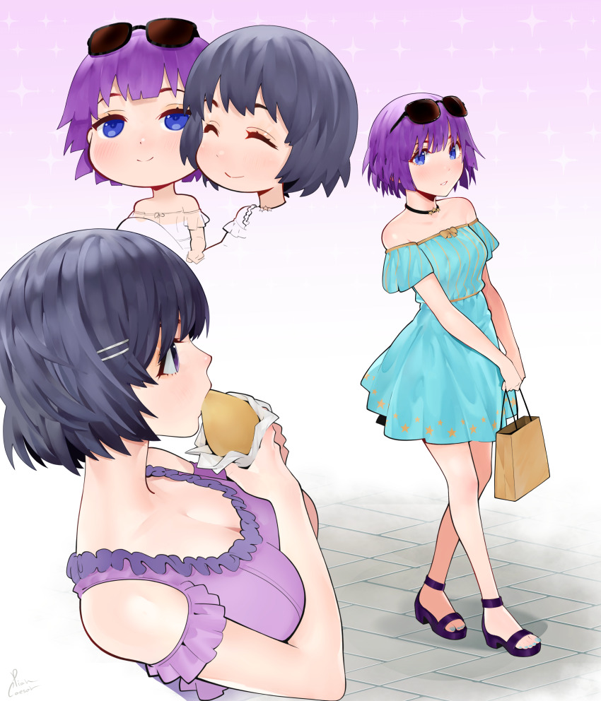 2girls, absurdres, bag, bare_shoulders, blue_dress, breasts, chibi, choker