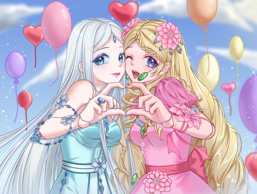2girls, ;d, absurdres, balloon, blonde_hair, blue_dress, blue_eyes, blue_sky, blurry, blurry_background, braid, braided_bangs, cheek-to-cheek, cloud, doll_joints, dress, flower, grey_hair, hair_flower, hair_ornament, han_bingjing, heads_together, heart, heart_hands, heart_hands_duo, highres, hua_ling_(ye_luoli), joints, kumu_zaisheng, looking_at_viewer, multiple_girls, one_eye_closed, open_mouth, parted_bangs, pink_dress, pink_flower, sky, smile, upper_body, ye_luoli