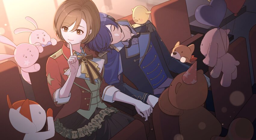 1boy, 1girl, arm_cutout, ascot, backlighting, balloon, black_coat, black_ribbon