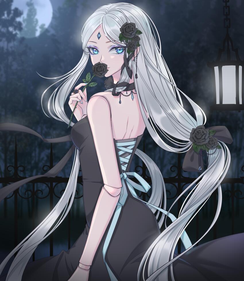 1girl, absurdres, back, black_dress, black_flower, black_rose, blue_eyes, covering_own_mouth