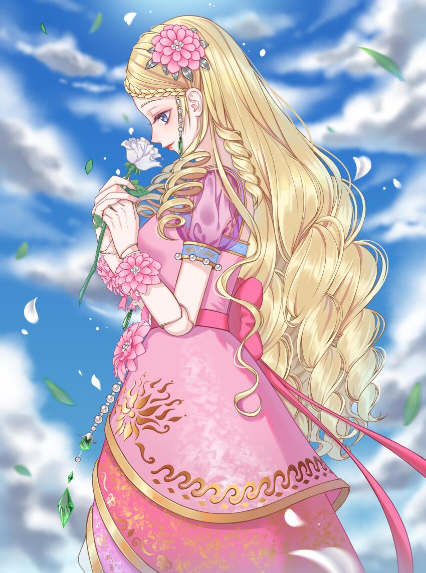 1girl, absurdres, blonde_hair, blue_eyes, blue_sky, cloud, cowboy_shot, curly_hair