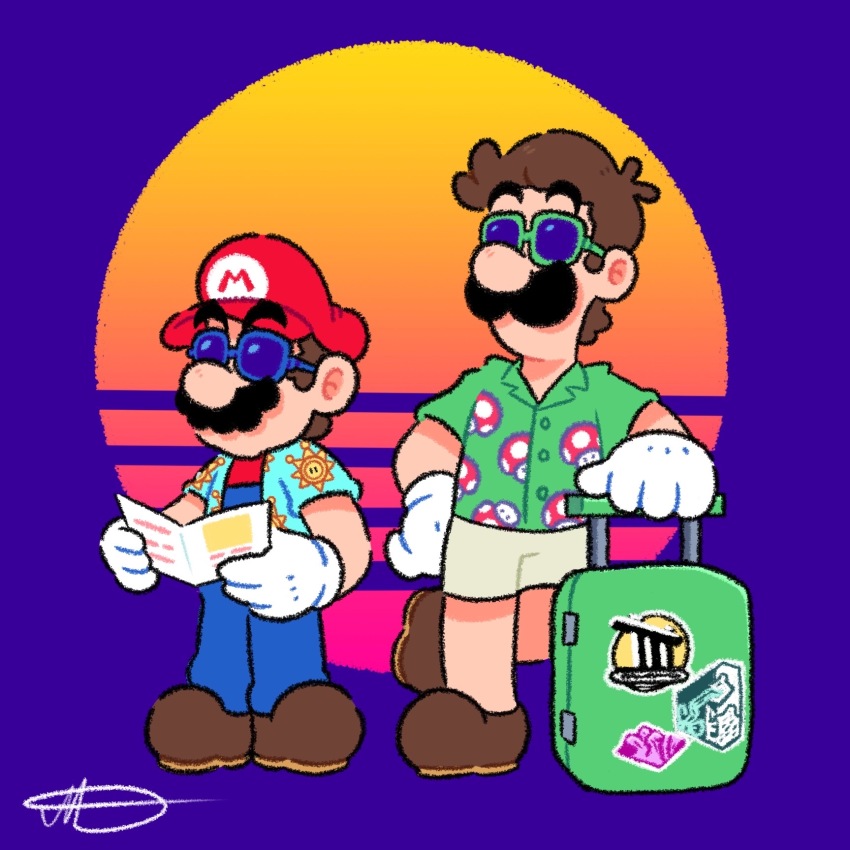 2boys, alternate_costume, blue-framed_eyewear, blue_background, blue_jacket, blue_pants, book, brochure